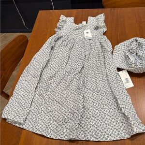 Petit Bateau White and Blue Floral Kids Dress with Matching Hat - 100% Cotton